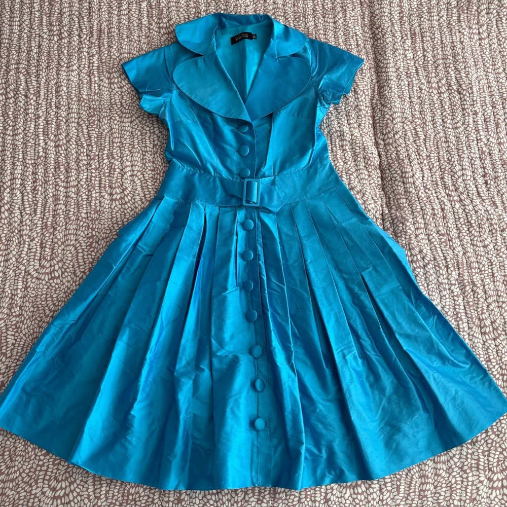 Teri Jon Vibrant Blue A-Line Dress, full skirt, midcentury style
